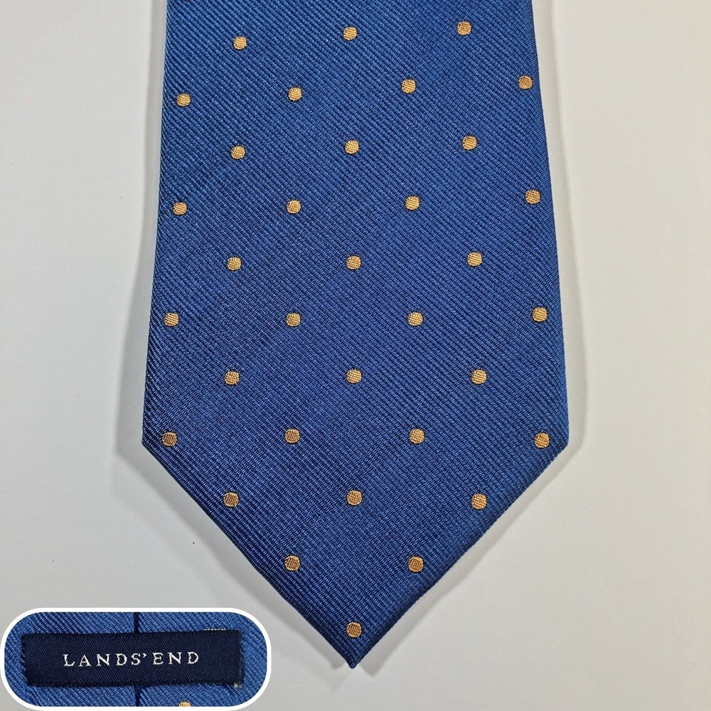 Lands' End Repp Silk Tie Blue Gold Polka Dot Hand‎ Sewn Men's Necktie